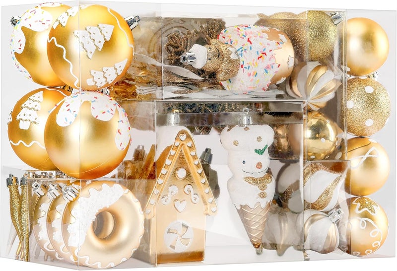 SHareconn 86pcs Christmas Tree Balls Ornaments, Shatterproof Plastic Decorative Baubles for Christmas Tree Decorations, Holiday Wedding Party Decoration, Festive Ornaments,White Gold - Image 1